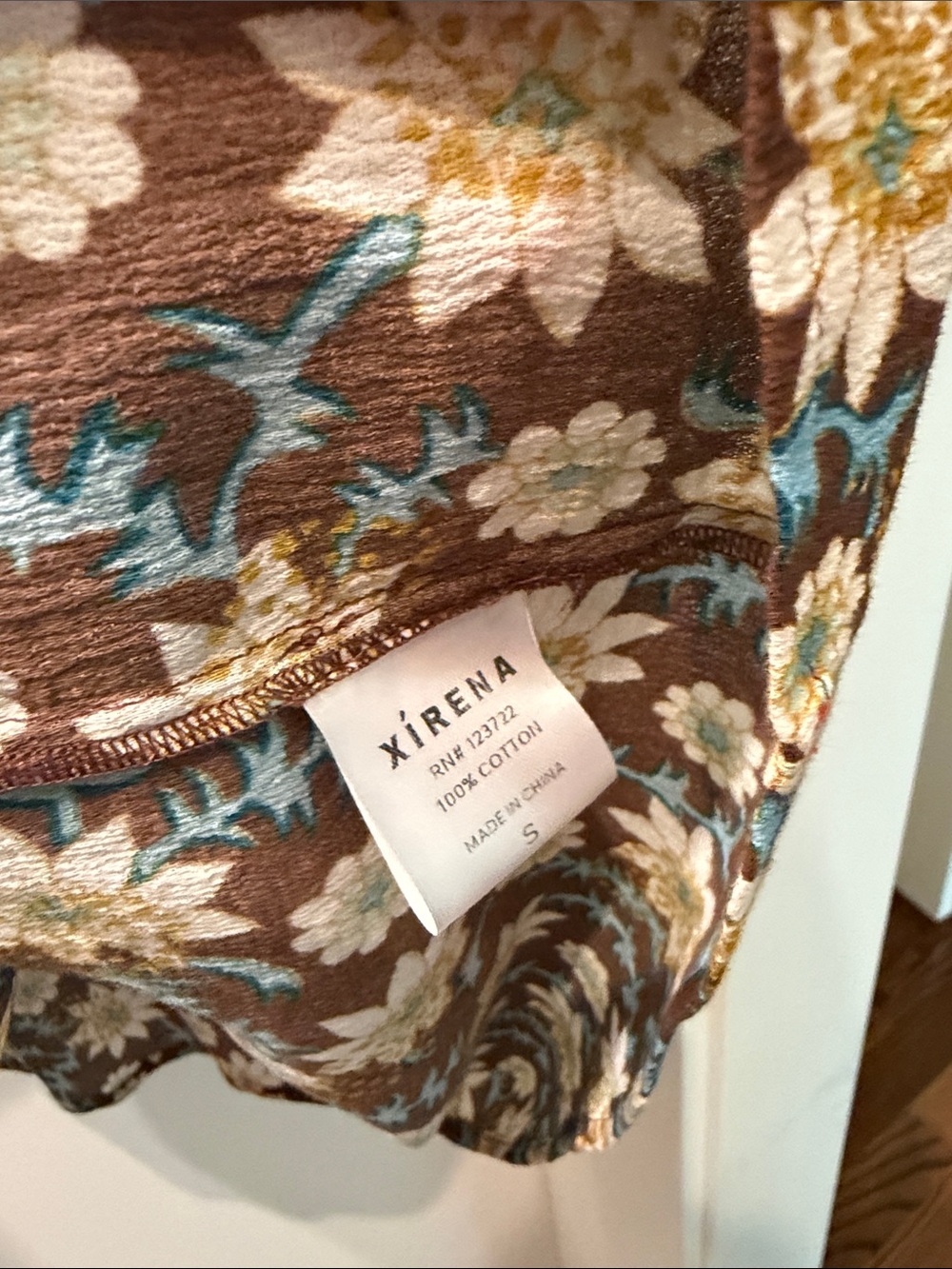 XiRENA Brown Floral V-Neck Ruffle Sleeve Blouse with Blue and Cream Flowers - Picture 5 of 6